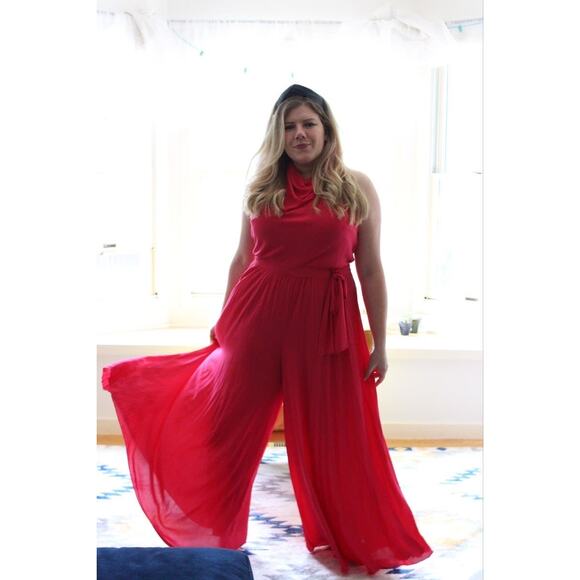 Halston Heritage Sleeveless Cowl Neck Flowy Wide Leg Jumpsuit Neon Pink size 0 - Picture 6 of 16